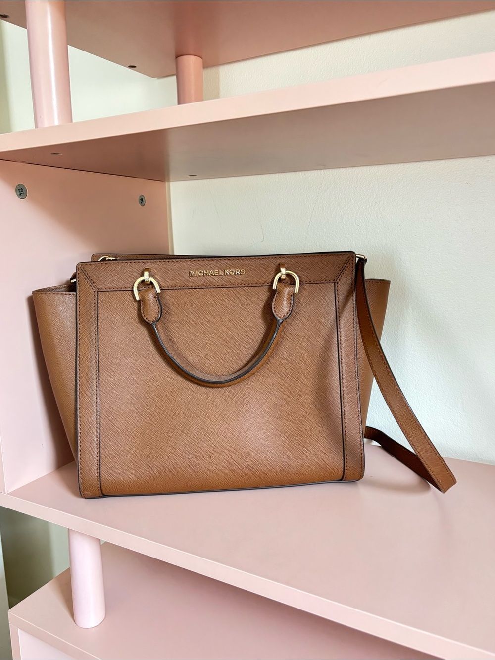 Michael Kors Brandi Tan Saffiano Leather Satchel with Shoulder Strap